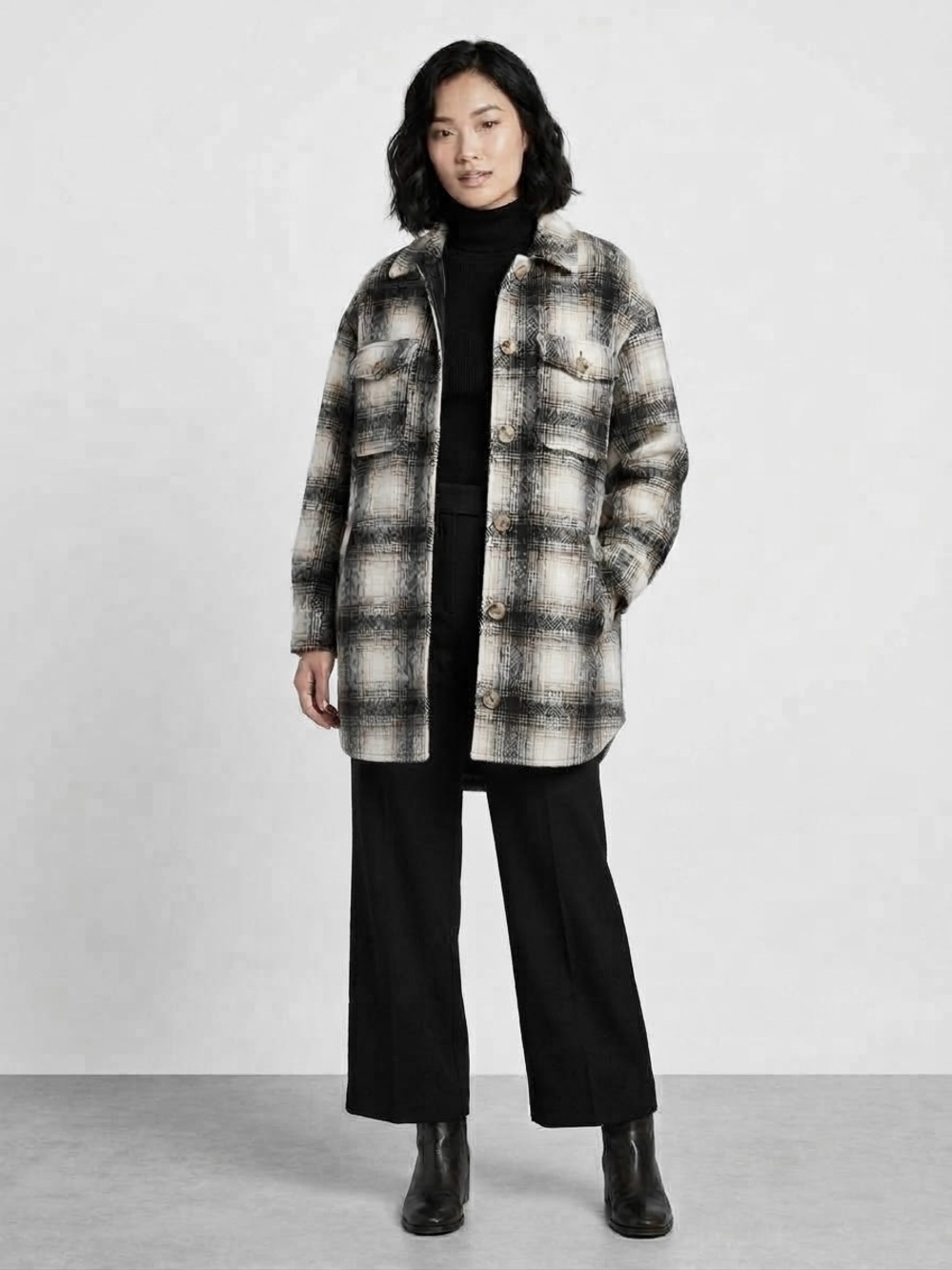 APPARIS Plaid Oversized Shacket Coat M Faux Leather Trim